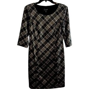 Connected Apparel Dress,‎ Midi, Sheath, 3/4 Sleeve, Black Grey Plaid, Size 6 NWT